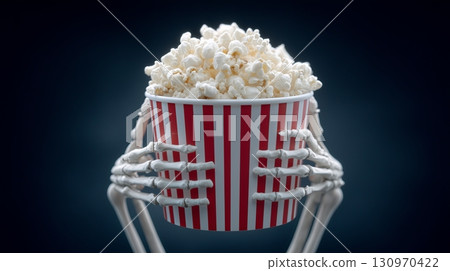 Skeleton holds large popcorn bucket against dark background 130970422