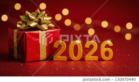 A festive gift box next to the shiny 2026 number. Upcoming New Year and holidays. A festive gift box next to the shiny 2026 number. Upcoming New Year and holidays. 130970440