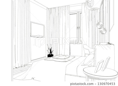 interior contour visualization, 3D illustration, sketch, outline interior contour visualization, 3D illustration, sketch, outline 130970453