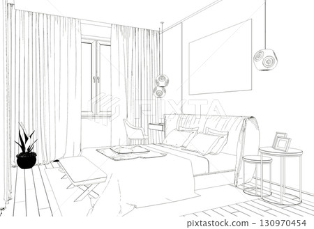 interior contour visualization, 3D illustration, sketch, outline 130970454