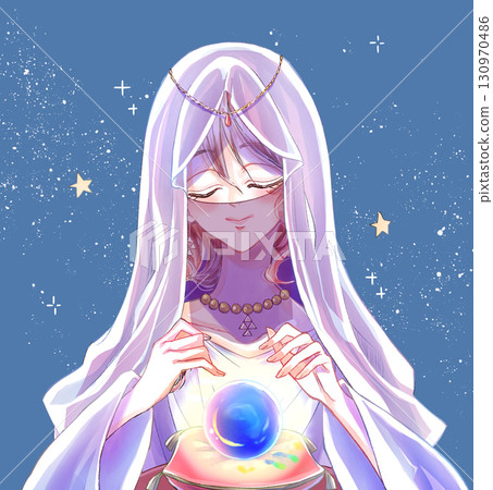 Female fortune teller reading with crystal ball, holding hand, veil 130970486