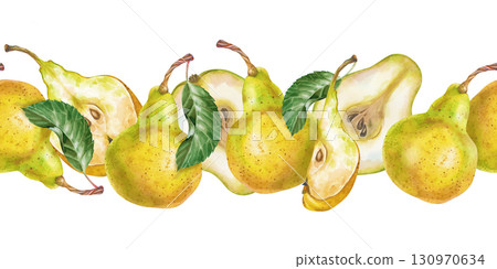 Seamless border of hand-drawn ripe pears and green leaves. Juicy fruits are isolated on a white background. Watercolor illustration. A botanical template for packaging, wallpaper, tableware, and 130970634