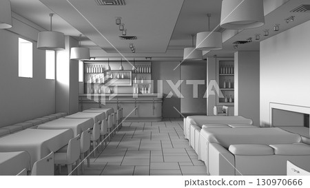 restaurant, interior visualization, 3D illustration restaurant, interior visualization, 3D illustration 130970666