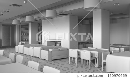 restaurant, interior visualization, 3D illustration restaurant, interior visualization, 3D illustration 130970669