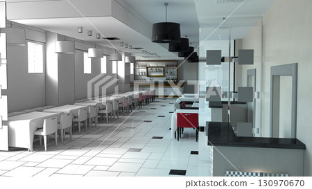 restaurant, interior visualization, 3D illustration restaurant, interior visualization, 3D illustration 130970670