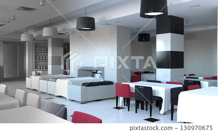 restaurant, interior visualization, 3D illustration restaurant, interior visualization, 3D illustration 130970675