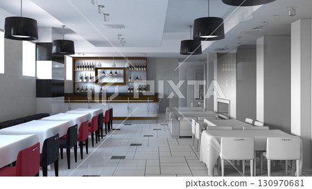 restaurant, interior visualization, 3D illustration restaurant, interior visualization, 3D illustration 130970681