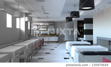restaurant, interior visualization, 3D illustration restaurant, interior visualization, 3D illustration 130970684