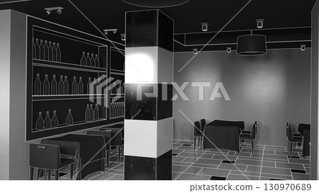 restaurant, interior visualization, 3D illustration 130970689