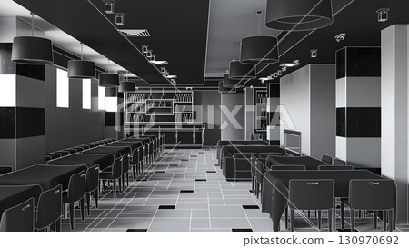 restaurant, interior visualization, 3D illustration restaurant, interior visualization, 3D illustration 130970692