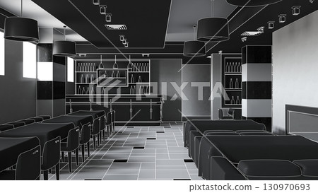restaurant, interior visualization, 3D illustration restaurant, interior visualization, 3D illustration 130970693
