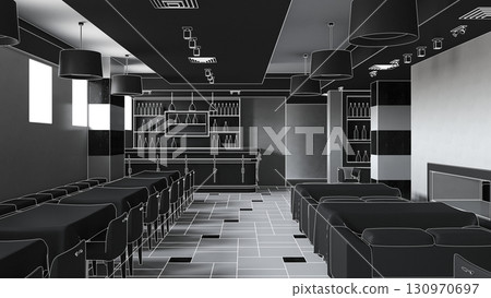 restaurant, interior visualization, 3D illustration restaurant, interior visualization, 3D illustration 130970697