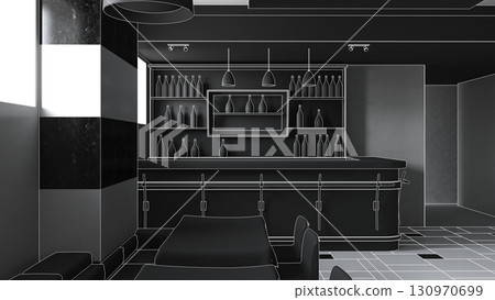 restaurant, interior visualization, 3D illustration restaurant, interior visualization, 3D illustration 130970699