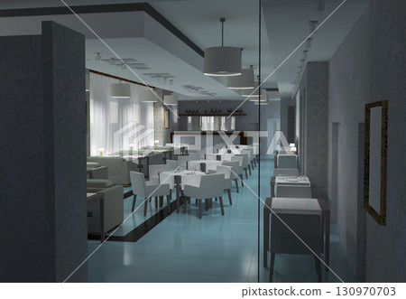 restaurant, interior visualization, 3D illustration 130970703