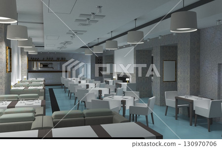 restaurant, interior visualization, 3D illustration restaurant, interior visualization, 3D illustration 130970706