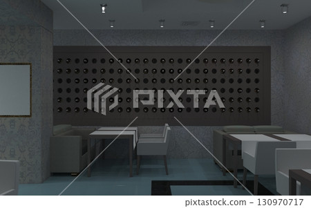 restaurant, interior visualization, 3D illustration restaurant, interior visualization, 3D illustration 130970717