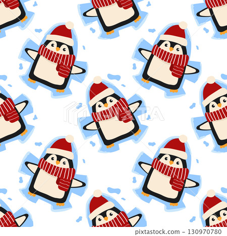 A seamless pattern with a cute penguin making a snow angel. Fun Christmas print with winter character. 130970780