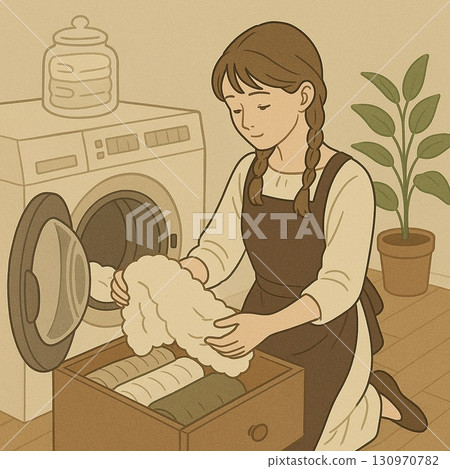 一位女士正在做家務，將衣物整齊地折疊並存放起來。生成式人工智慧 130970782