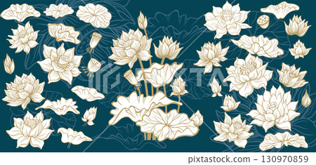 Elegant Lotus Flower Set with Leaves 130970859