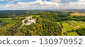 Buchlov a royal castle on a wooded hill aerial view, Czech republic 130970952