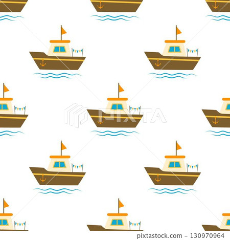 cartoon fishing boat seamless pattern 130970964