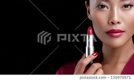 Elegant woman showcasing red lipstick in a dark setting 130970971
