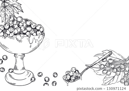 Vector frame viburnum jam, viburnum, bowl with berries, teaspoon with jam, leaves. All objects are hand-drawn with ink. The illustration is suitable for decorating the packaging of products, goods.  130971124