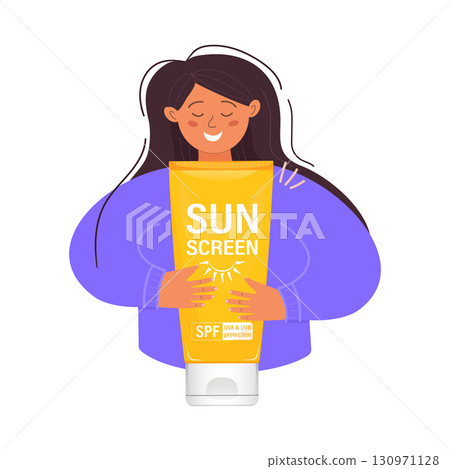 Woman embracing sunscreen lotion for uva and uvb protection 130971128