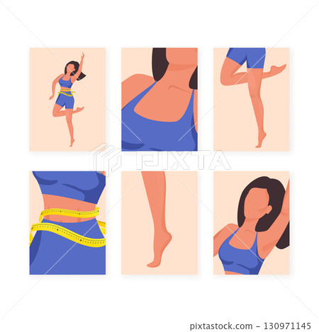 Woman measuring her waist and practicing fitness exercises Woman measuring her waist and practicing fitness exercises 130971145