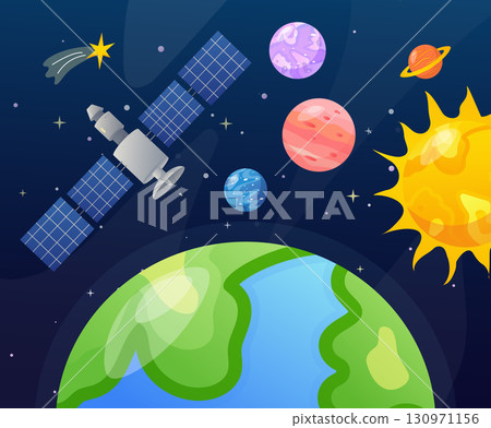 Satellite orbiting Earth, Sun, planets and shooting star in space Satellite orbiting Earth, Sun, planets and shooting star in space 130971156