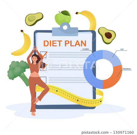 Woman practicing yoga near diet plan, healthy food and measuring tape Woman practicing yoga near diet plan, healthy food and measuring tape 130971160