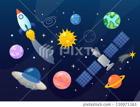 Spaceship, Rocket and UFO Flying Through Planets and Stars in Outer Space 130971163