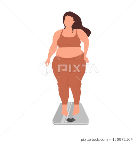 Overweight woman checking weight on digital scale, weight control and diet concept 130971164