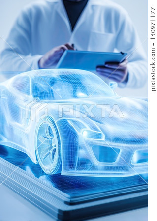 Auto engineer next to a holographic model of a car. Innovative technologies in the development of car design. The auto engineer stands beside a hologram, exploring future possibilities. Auto engineer next to a holographic model of a car. Innovative technologies in the development of car design. The auto engineer stands beside a hologram, exploring future possibilities. 130971177