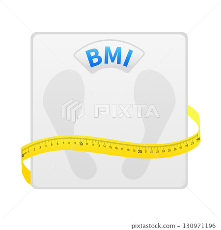 Measuring tape wrapped around bathroom scale displaying BMI, promoting health and weight management 130971196
