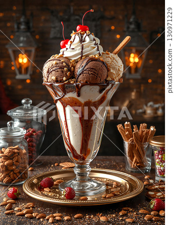 A decadent gourmet chocolate ice cream sundae loaded with toppings. Served in a tall glass with whipped cream, fudge sauce, nuts, and cherries on a luxurious golden tray. 130971229