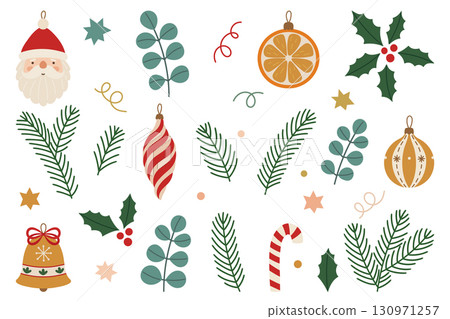 Christmas vector set with Santa, ornaments, fir branches and holiday decor Christmas vector set with Santa, ornaments, fir branches and holiday decor 130971257
