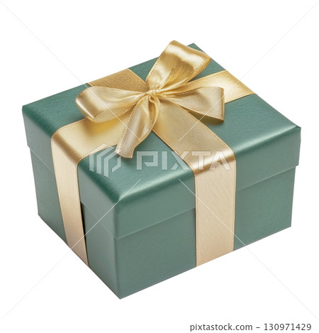 Gift Box Wrapped in Green With Gold Ribbon on a White Background for Special Occasions Gift Box Wrapped in Green With Gold Ribbon on a White Background for Special Occasions 130971429