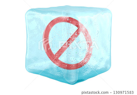 Frozen ban, concept. Ice cube with prohibition symbol, 3D rendering 130971583