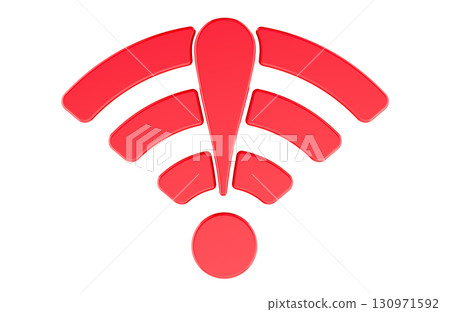 Red Wi-Fi symbol with exclamation mark in the center, representing wireless network problem, connection error or internet outage. 3D rendering Red Wi-Fi symbol with exclamation mark in the center, representing wireless network problem, connection error or internet outage. 3D rendering 130971592