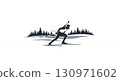 Biathlon winter sports, cross country skiing logo. Minimalistic simplistic illustration of a biathlete skier and has a rifle. 130971602