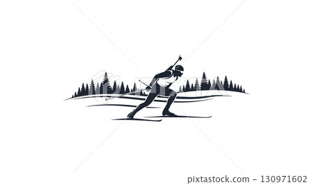 Biathlon winter sports, cross country skiing logo. Minimalistic simplistic illustration of a biathlete skier and has a rifle. 130971602