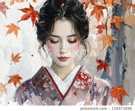 身著日本傳統服飾的女性和飄落的秋葉的奇妙藝術 130971696