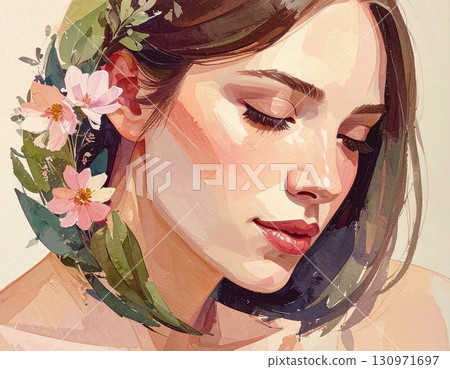 描繪了一位表情柔和的女性和春天的花朵的藝術作品 130971697