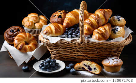 fresh croissants in a basket on a dark background 130971708