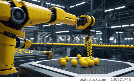yellow robot arm working in the factory yellow robot arm working in the factory 130971746