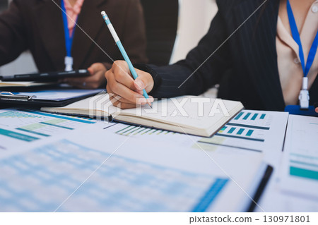 Success, audience with an applause and in a business meeting at work with a lens flare together. Achievement or celebration, motivation and businesspeople clapping hands for good news or support 130971801