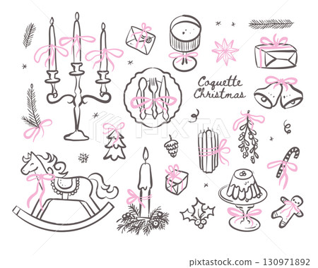Christmas diner Collection of holiday whimsical illustrations - vintage xmas dishes and candlesticks with retro bows and ribbons, candles, gifts, glasses, Christmas toys. Vintage coquette vector 130971892