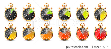 Realistic classic stopwatch. Shiny golden metal chronometer, time counter with dial. Colorful countdown timer showing minutes, seconds. Time measurement for sport, start, finish. Vector illustration 130971896
