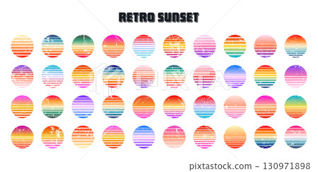 Grunge vintage colorful sunset. Striped gradient sunrise badges in 80s and 90s style. Sun and ocean view, summer vibes, surfing. Design element for print, logo or t-shirt. Vector illustration 130971898
